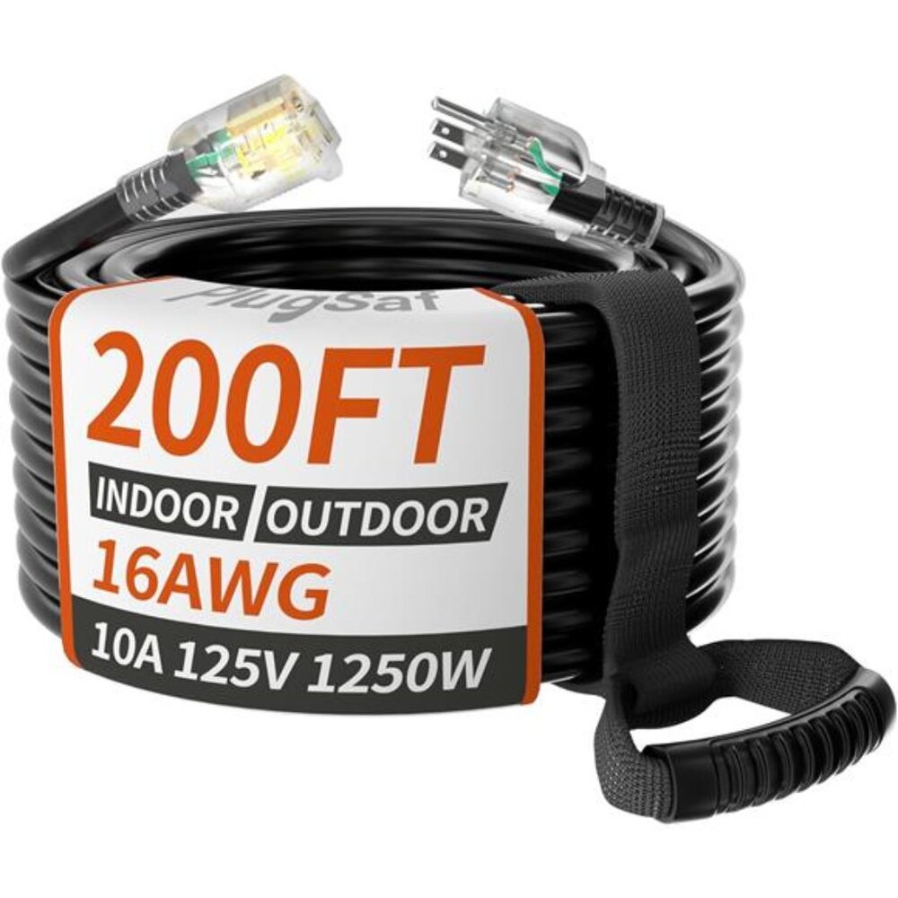 16/3 Gauge 200 ft Extension Cord Outdoor Black Waterproof,Cold Weatherproof-58°F